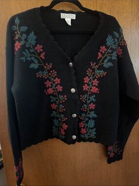 Ralsey Black 100% Wool Floral Embroidered V-Neck Cardigan